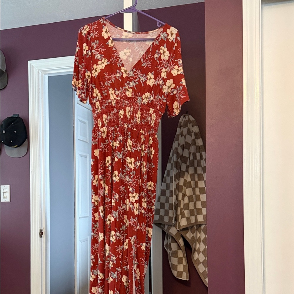 Floral V-Neck Red Maxi Dress
